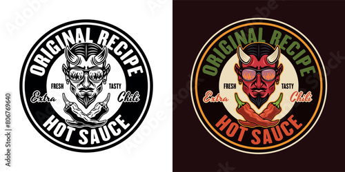 Hot sauce vector emblem, label, badge with devil head illustration in two styles black on white and colorful