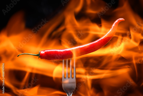 red chili pepper, pricked on a fork, on a background of burning fire, flames on a black background photo