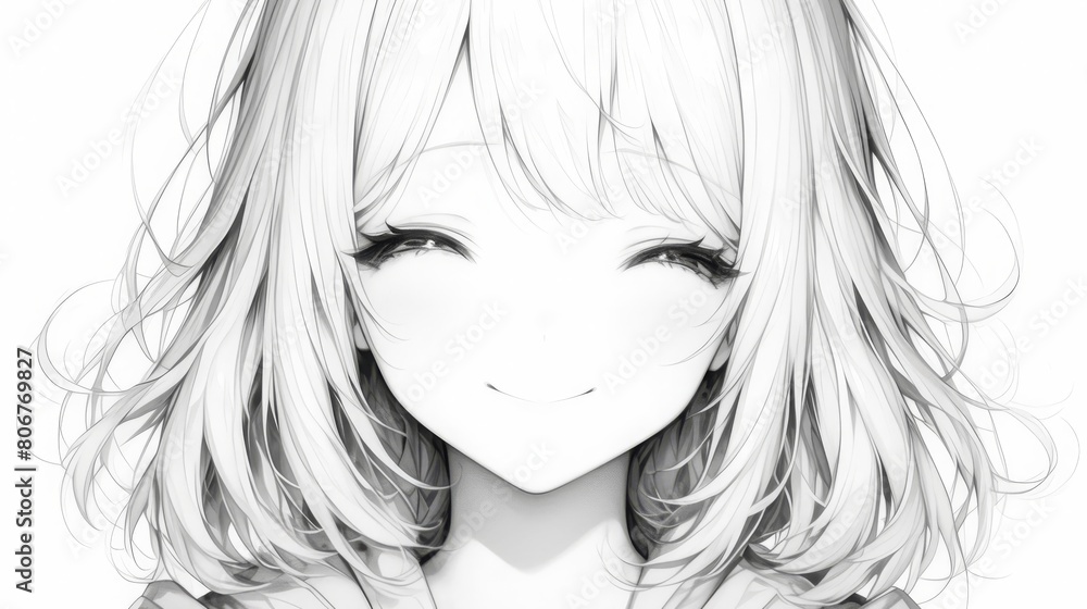 アニメ風女の子モノクロイラスト,Generative AI AI画像