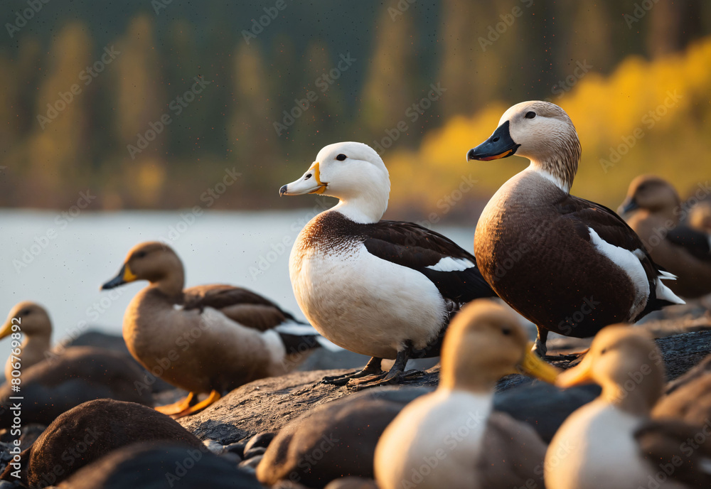Obraz premium A Eider ducks grace the shores of Alaska, their presence adding life to the tranquil coastal landscape. The image beautifully captures the harmony between wildlife and nature.