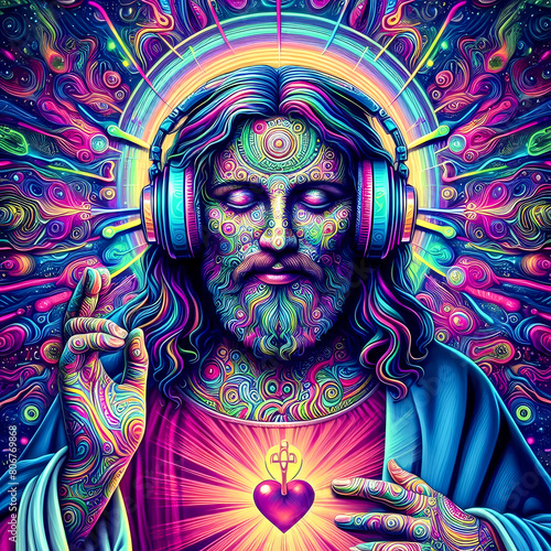 Digital art vibrant colorful psychedelic jesus with headphones vibin to music © The A.I Studio
