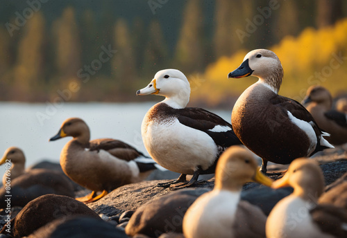 A Eider ducks grace the shores of Alaska, their presence adding life to the tranquil coastal landscape. The image beautifully captures the harmony between wildlife and nature.