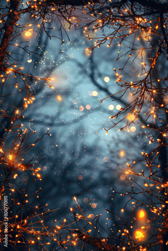 Beautiful fairy lights pattern with tree branches around the frame with blank center for background.