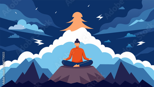 A person sitting crosslegged on a mountaintop surrounded by a raging storm embodying the unshakable calm and stillness of a stoic mind.. Vector illustration