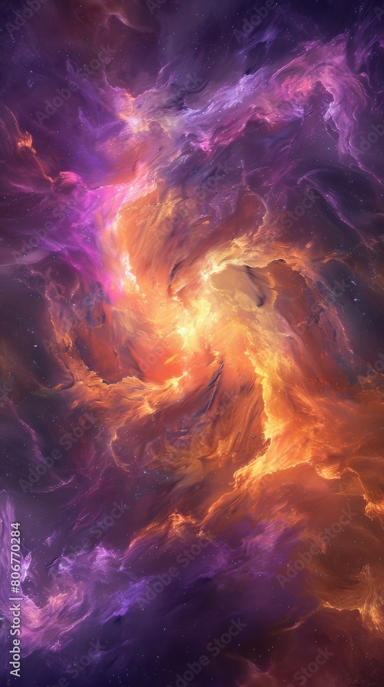 Obraz premium This image captures a mesmerizing blend of purple, red and yellow hues swirling together in a galactic nebula