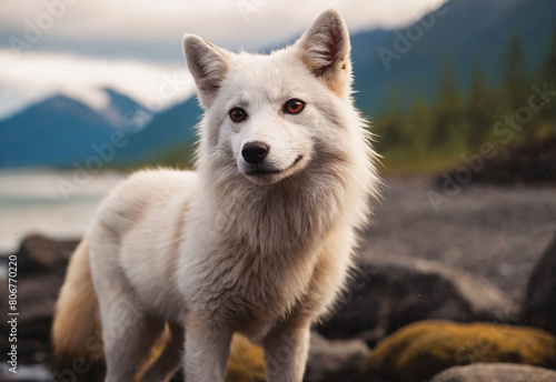 A pristine white fox  poised in its natural hunting stance on the rugged Alaskan coast. The image beautifully captures the raw survival instincts.