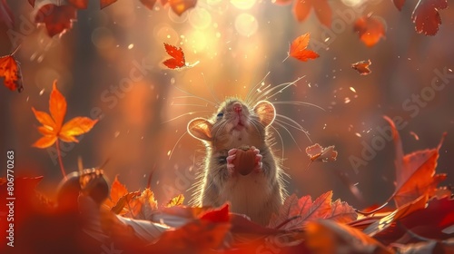   A mouse atop a leaf pile in a sanguine forest, surrounded by orange and red foliage photo
