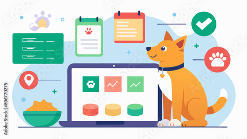 An allinone platform for monitoring your pets food intake activity and overall health with personalized meal plans and tips for maintaining a balanced. Vector illustration