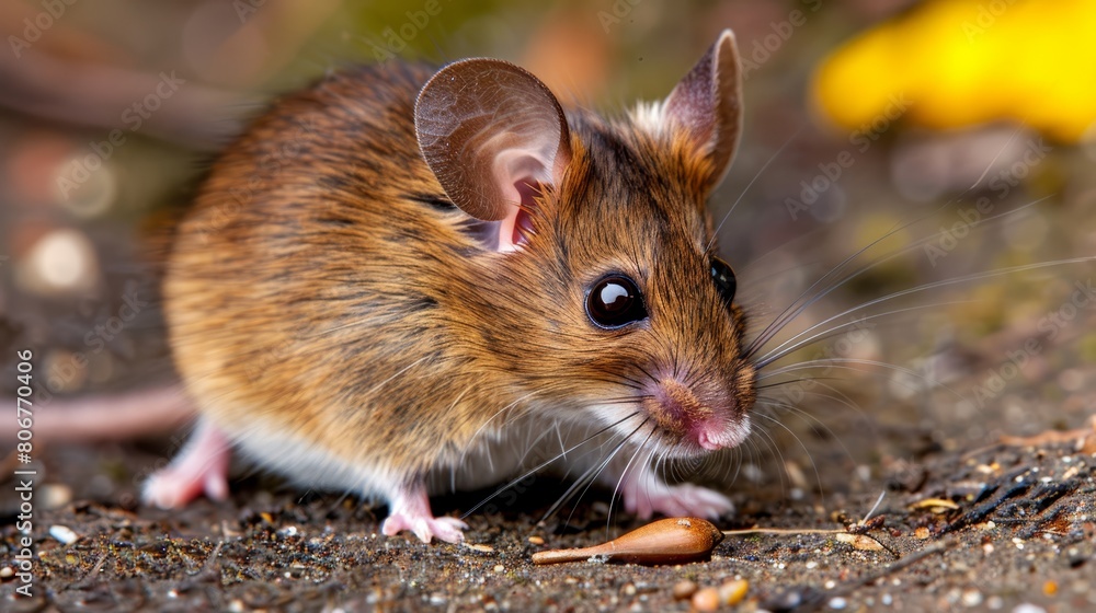   A tight shot of a small rodent on the ground, holding a morsel of food in its mouth