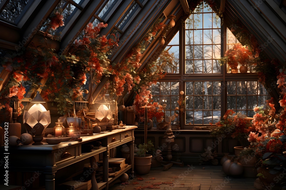 The interior of the room is decorated with orange flowers and plants.