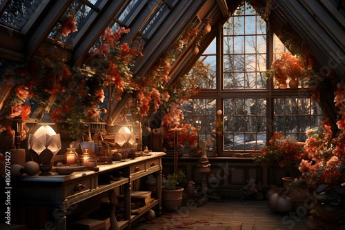 The interior of the room is decorated with orange flowers and plants.