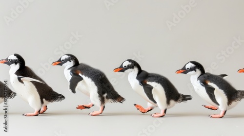   A cluster of penguins aligned on a pristine white backdrop, surrounded by a gray wall behind them