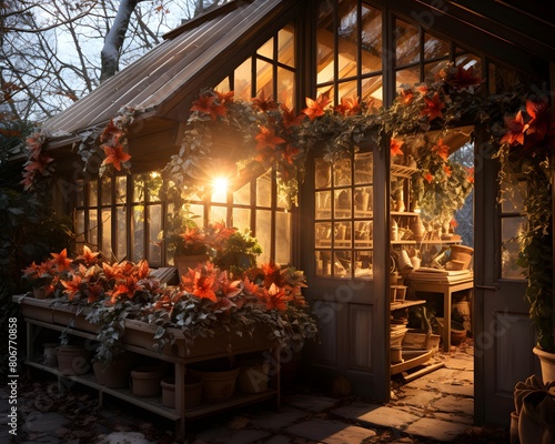 Beautiful gazebo decorated with flowers in the garden.