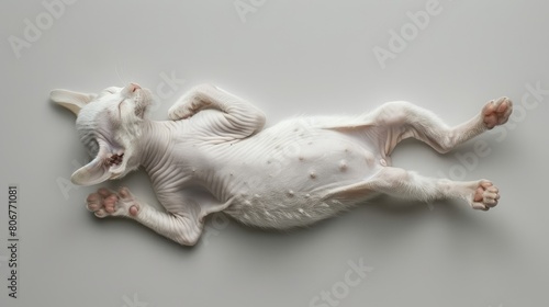   A hairless feline lies on its back  mouth agape  paw resting on its chest