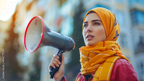 Muslim woman with a megaphone standing outdoors advocating for change © Anna