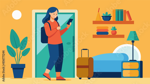 A traveler checking into a hotel room and intentionally setting her phone to Do Not Disturb mode allowing herself to fully relax and disconnect from.