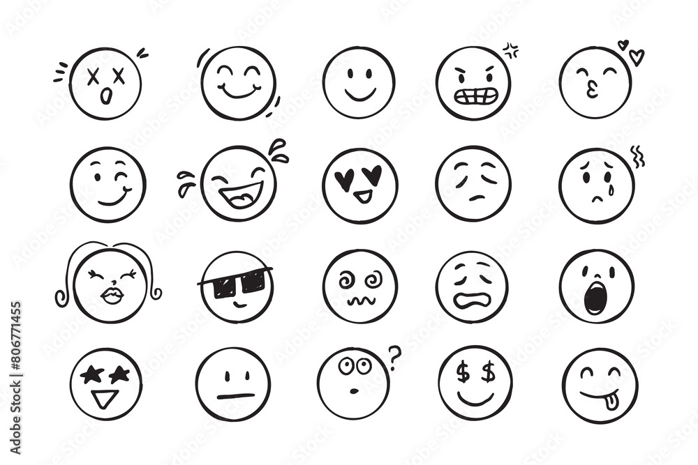 Emoji face icon doodle set. Faces with different emotion mood. Hand drawn comic sketch style. Emoji face icon doodle set. Faces with different emotion mood. Hand drawn comic sketch style.