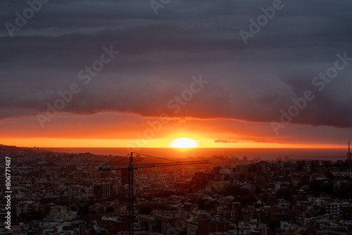 dawn, colored sky, morning city, sky, mountains, houses