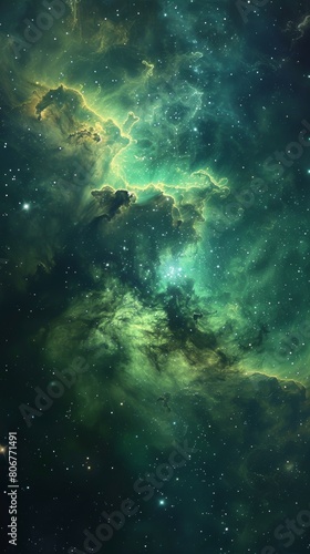 This vibrant artwork captures a mystical green nebula  with glowing gases and dust illuminating the depths of space