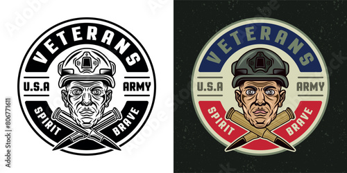 American veterans vector emblem with soldier head and two crossed bullets in two styles black on white and colored