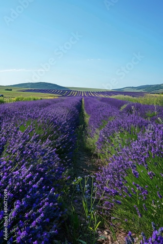 Path through lavender fields against green hills and sky