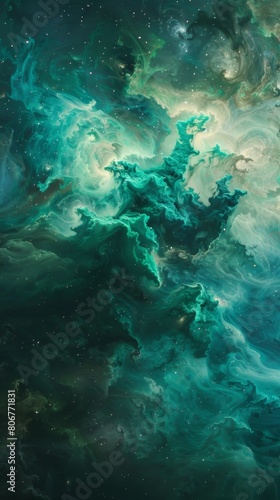 Capturing an abstract look of turbulent cosmic clouds in a beautiful range of green hues, representing nature and renewal
