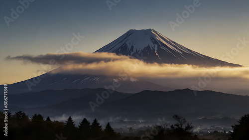 The iconic silhouette of Mountain Fuji bathed in the warm light of sunrise. 