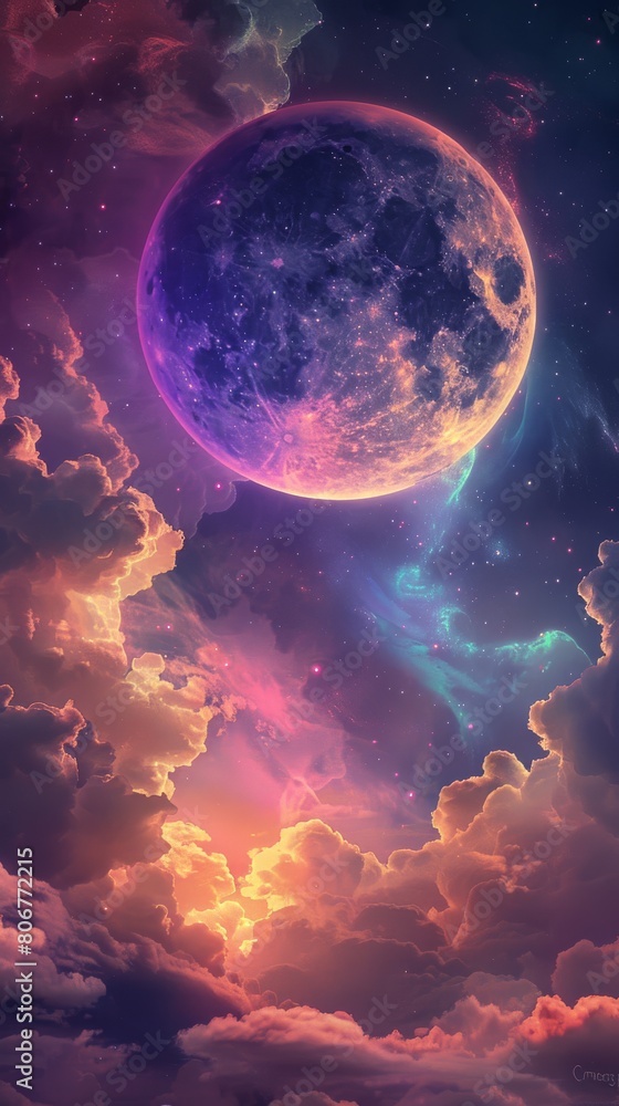 A captivating fantasy visual with a large purple moon against a backdrop of stars and ethereal clouds evoking night dreams