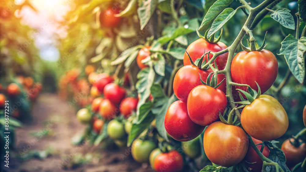 A vibrant display of ripe tomatoes hanging from lush bushes in a home farm’s vegetable garden. The image beautifully captures the bounty of nature and the joy of home gardening. A vibrant display of ripe tomatoes hanging from lush bushes in a home farm’s vegetable garden. The image beautifully captures the bounty of nature and the joy of home gardening.