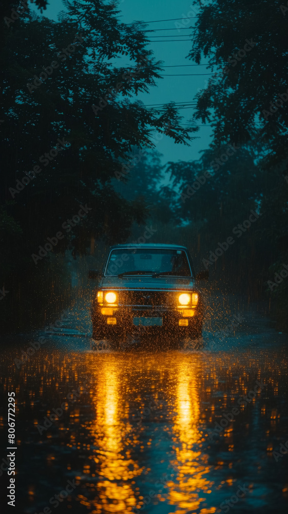 A car is driving down a wet road at night