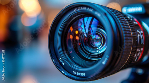 A detailed close-up of a professional camera lens with reflections, highlighting the complexity and technology behind modern photography.