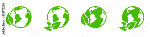 Eco world icon. Planet earth with leaf symbol. Vector illustration.