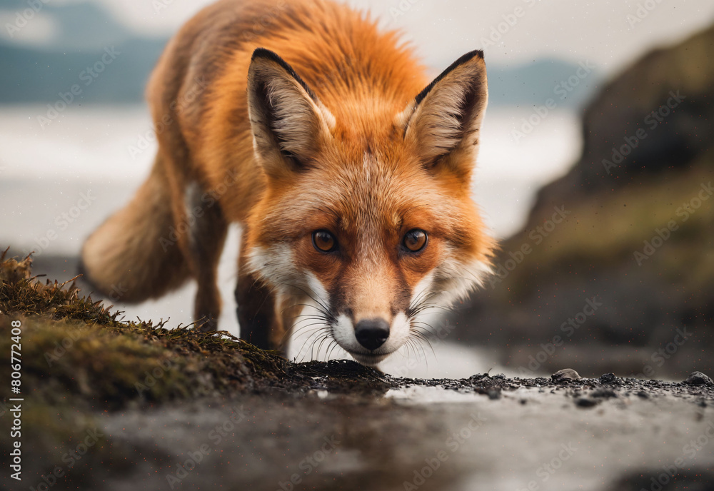 Obraz premium A vivid red fox, poised in its natural hunting stance on the rugged Alaskan coast. The image beautifully captures the raw survival instincts and the striking beauty of wildlife in its natural habitat.
