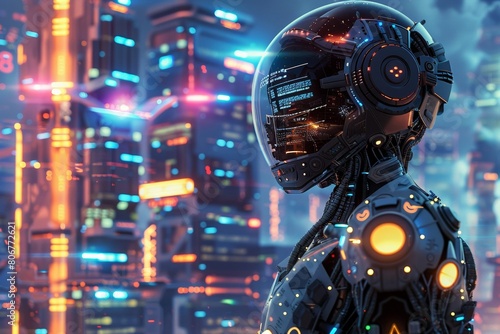 Futuristic AI Robot in Neon-Lit City