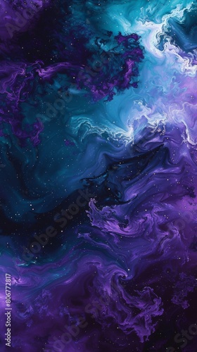Vibrant abstract fluid art with swirling patterns of violet and blue, resembling a cosmic scene or galaxy