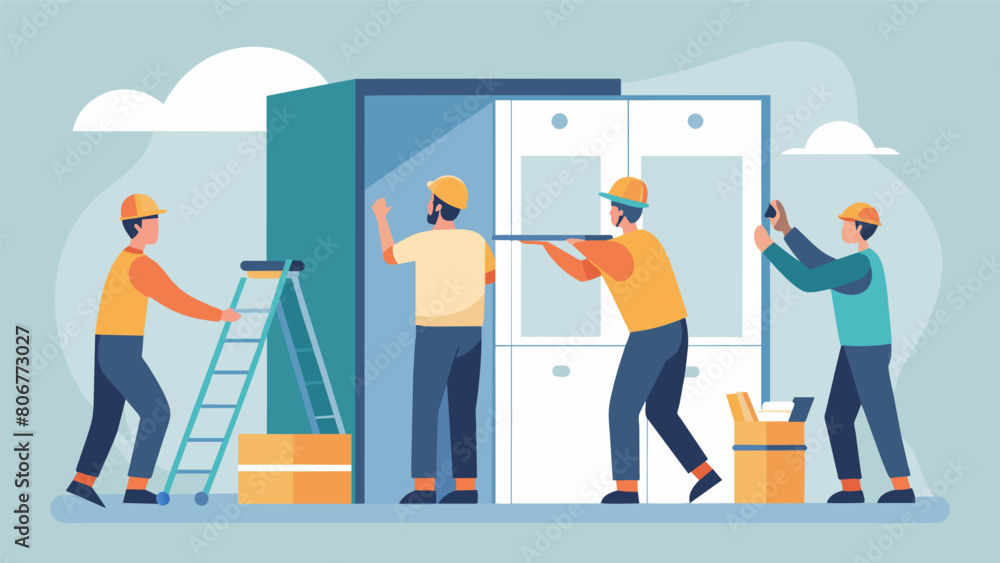 With expert skill and teamwork workers construct modular bathroom units preparing them to be installed in a series of prefabricated hotel rooms.. Vector illustration