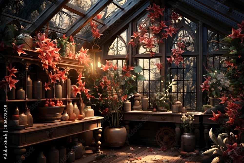 Beautiful garden in the greenhouse. 3d rendering, 3d illustration.