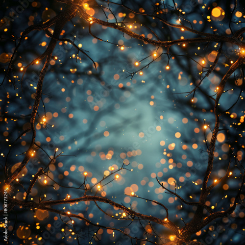 Beautiful fairy lights pattern with tree branches around the frame with blank center for background.