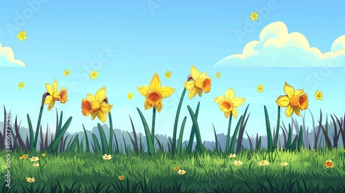 Background Of Yellow Daffodil Flowers, Cartoon Background © MI coco