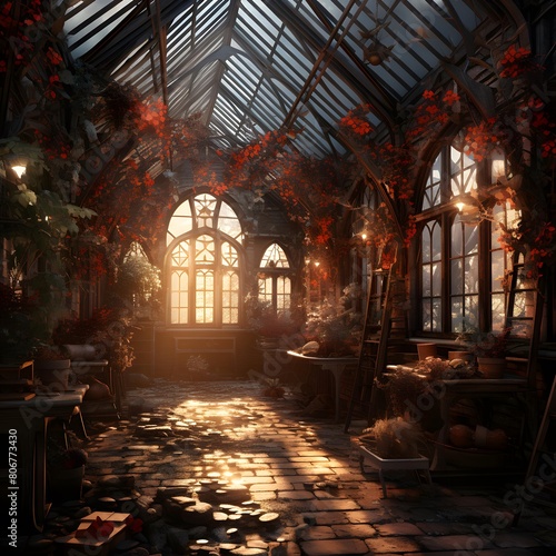 Fantasy interior of a greenhouse. 3d rendering  3d illustration.