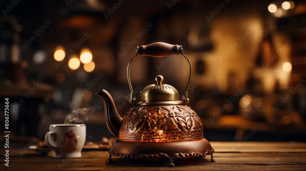 A tea kettle perched on a rustic wooden table A tea kettle perched on a rustic wooden table