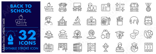 Back to school icon Editable Stroke icon sets. Related with education, success, academic subjects, School, university, textbook, learning and more.