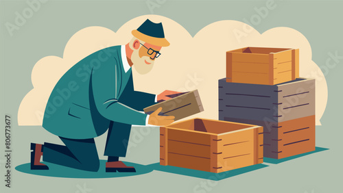 An artist carefully inspecting wooden crates in search of the perfect worn textured wood for a mixed media piece.. Vector illustration