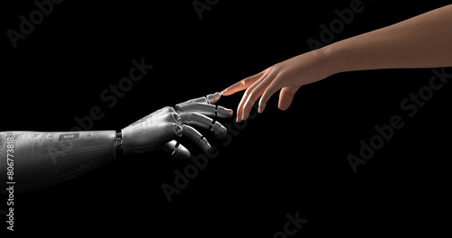 Robot And Human Hands Slowly Touching Together. Technology Related 3D Render.