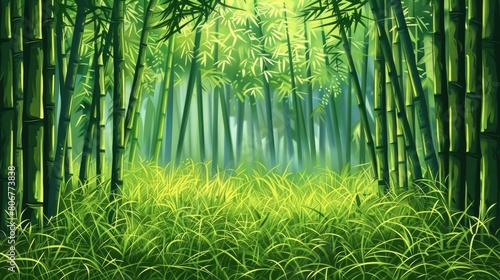 Bamboo Forest And Green Meadow Grass Blending Seamlessly Into The Natural Landscape  Exuding Tranquility And Serenity  Cartoon Background