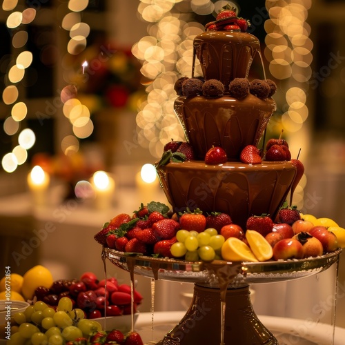 A chocolate fountain with strawberries, grapes, and other fruit. photo
