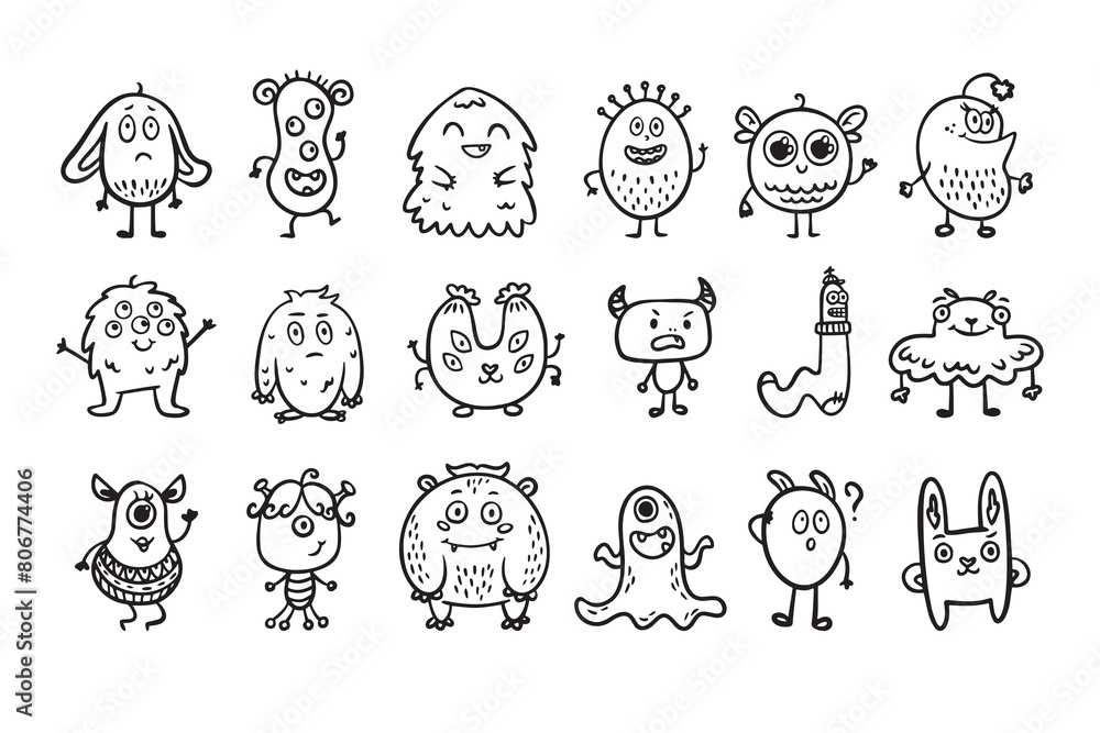 Monster alien doodle set, funny and cutes monster, hand drawn cartoon line monsters.