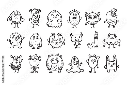Monster alien doodle set, funny and cutes monster, hand drawn cartoon line monsters.