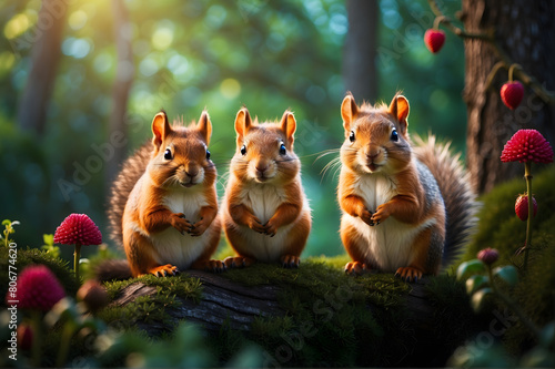 a cartoon style depiction of adorable triad of forest squirrels enchanted woodland