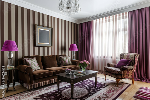 A modern living room interior with striped wallpaper, a brown sofa and armchair, purple curtains, pink lampshades, coffee table on the rug in front of it © DESIRED_PIC